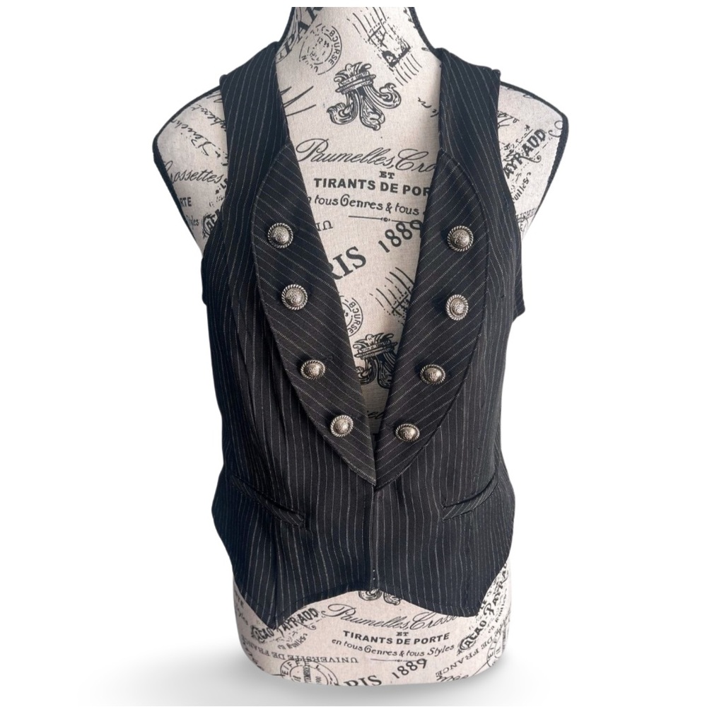 Y2K Napoleon Pinstripe Vest Military Waistcoat Black Large Tailored